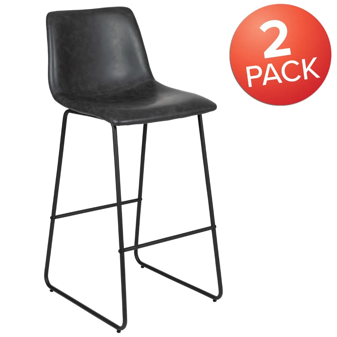 2 LeatherSoft Barstools, 30" Height, Dark Color, Mid-Century Style, Comfortable Bucket Seat