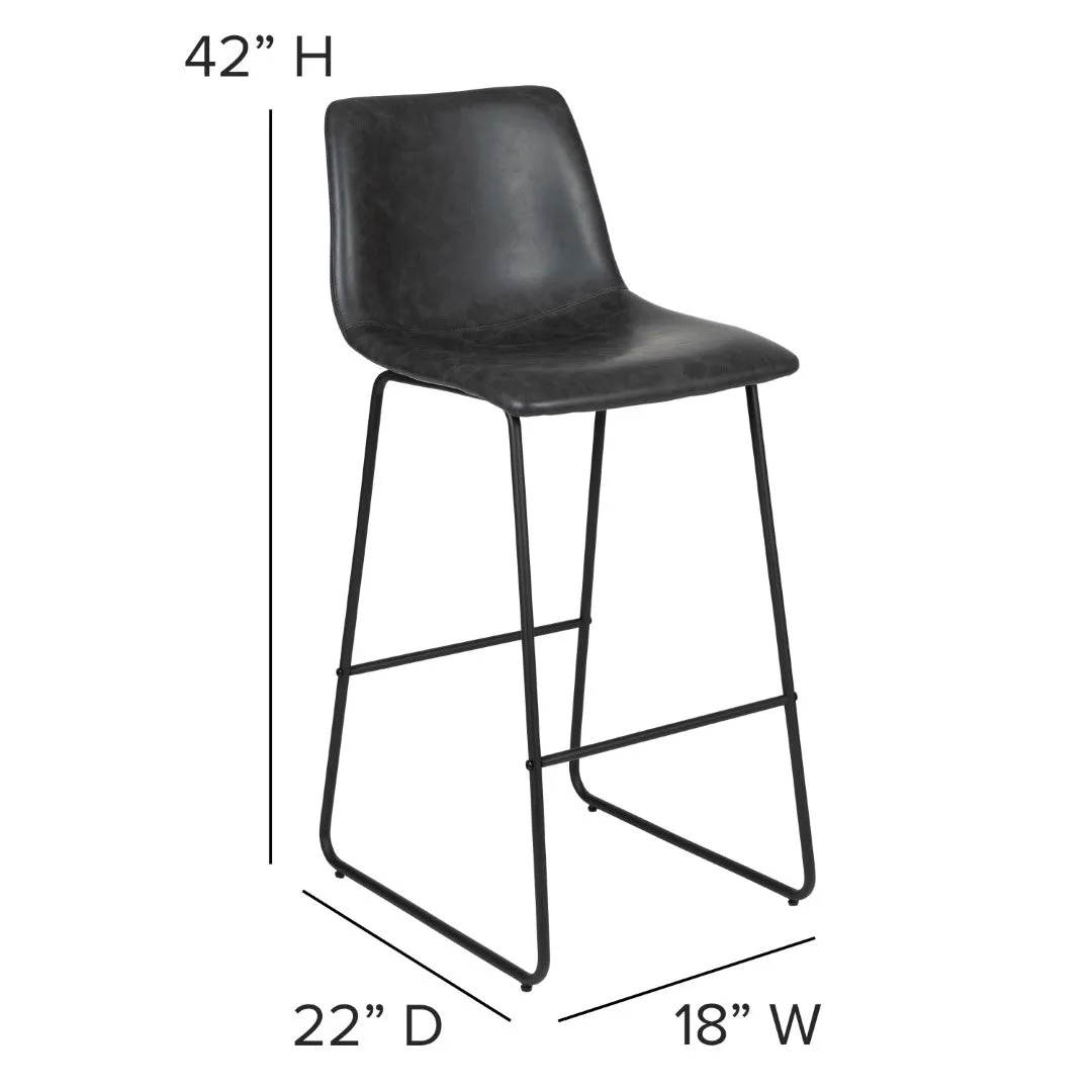 2 LeatherSoft Barstools, 30" Height, Dark Color, Mid-Century Style, Comfortable Bucket Seat