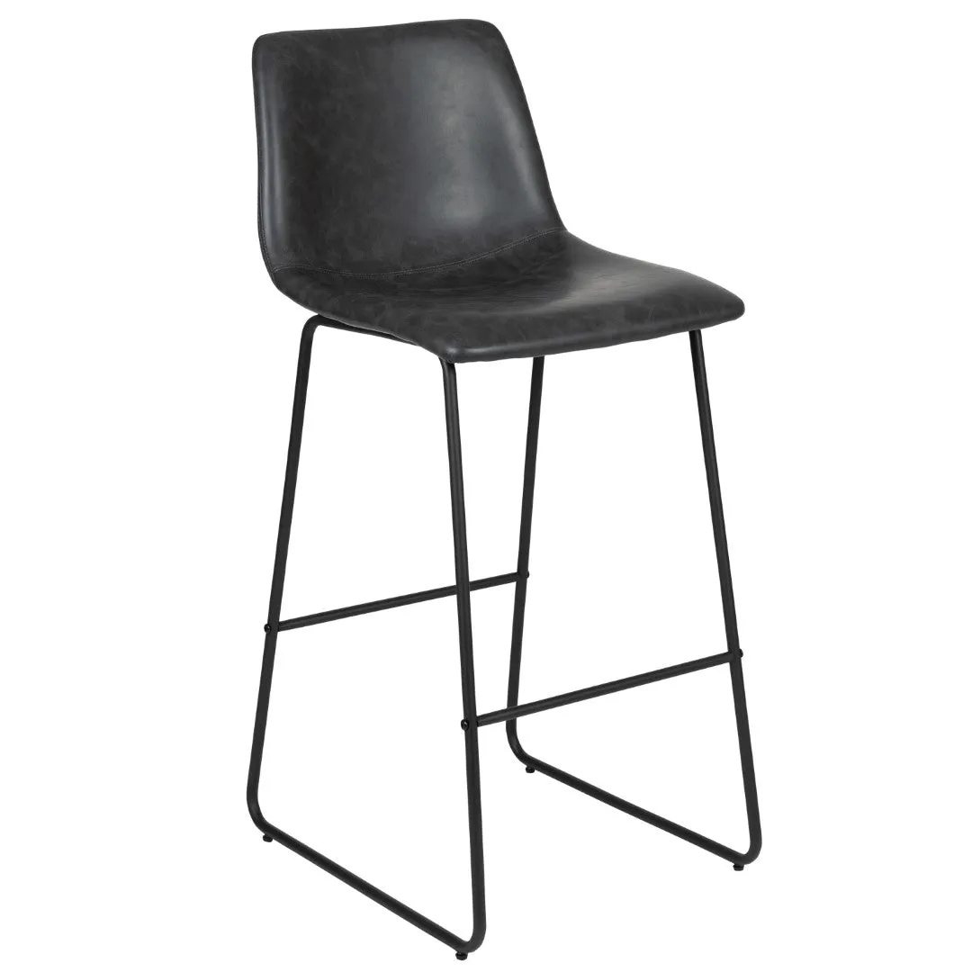 2 LeatherSoft Barstools, 30" Height, Dark Color, Mid-Century Style, Comfortable Bucket Seat