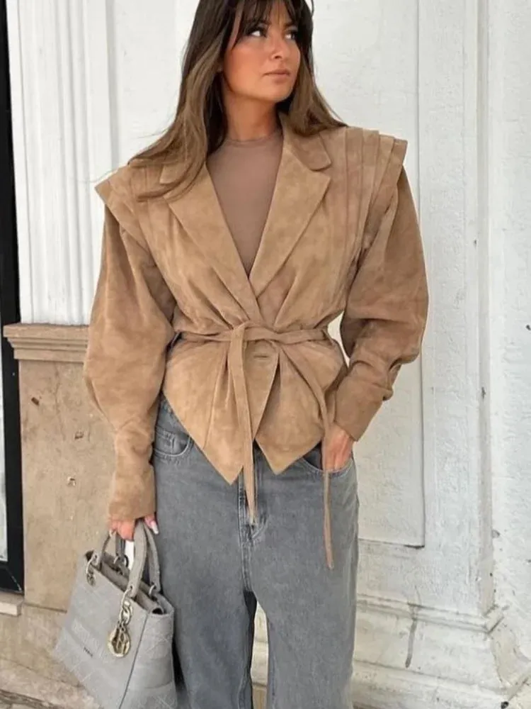 Back To School Joskaa Autumn Warm Waistband Irregular Hem Lapel Jacket Button Pleated Long Sleeved Women's Coats 2024 New Ladies Commute Streetwear