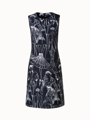 Cotton Silk Double-Face Sheath Dress with Croquis Print