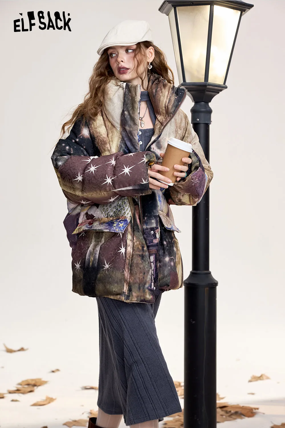 ELFSACK 2024 Winter New Arrivals Fox print short loose stand collar down jacket for women