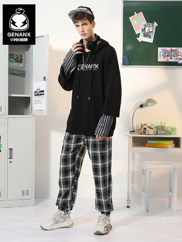 Fake two-piece striped printed hooded sleeved cotton hoodie with different materials and colors