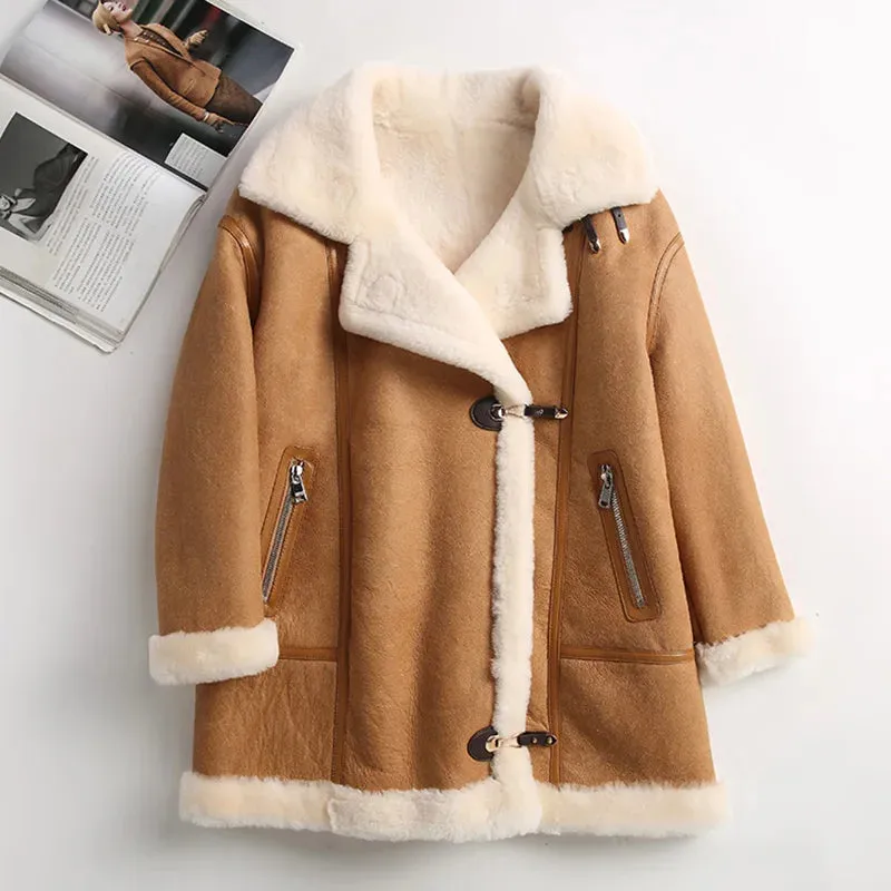 Genuine Leather Ladies Sheepskin Shearling Leather Coat (Camel/Beige)