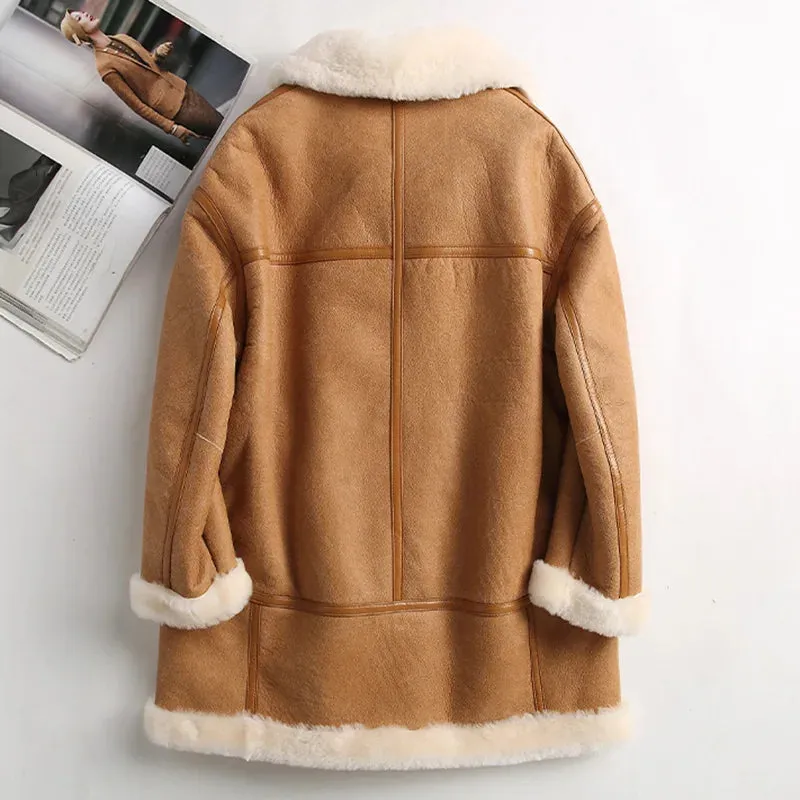 Genuine Leather Ladies Sheepskin Shearling Leather Coat (Camel/Beige)