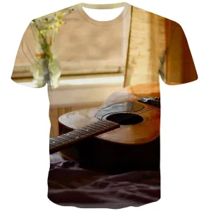 Guitar T-shirt Men Music T shirts Funny Wooden Tshirts Novelty Metal T-shirts Graphic