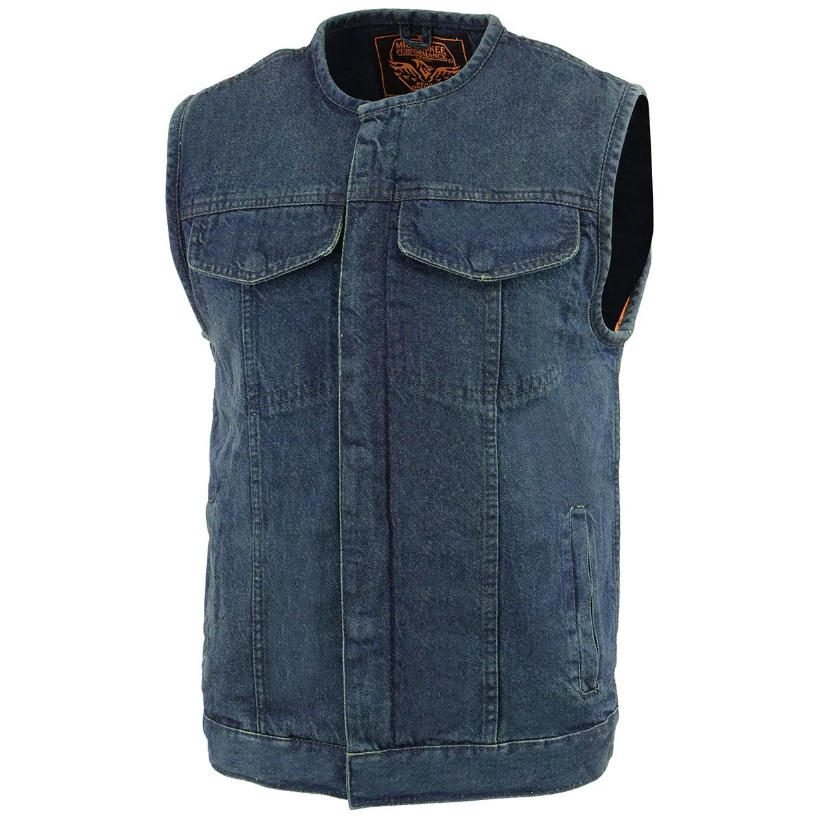 Milwaukee Leather MDM3001 Men's Collarless Blue Denim Club Style Vest with Dual Closure