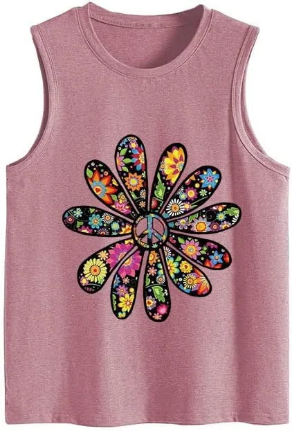 Women Peace Sign Flower Tank Top Shirt